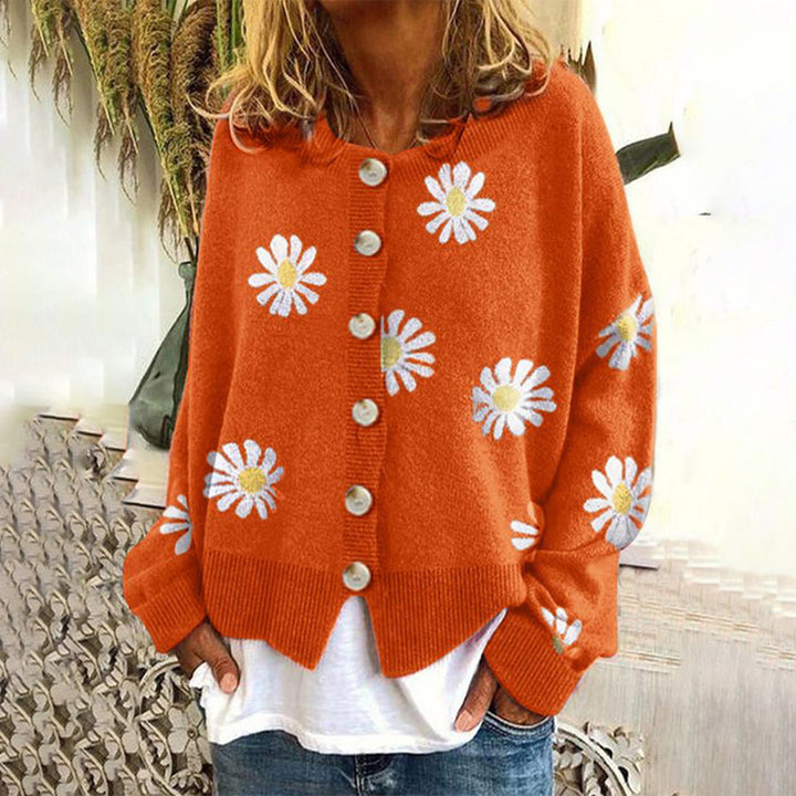 Women’s Knit Cardigan – Oversized Fit – Soft Knit – Daisy Print – Ribbed Trim