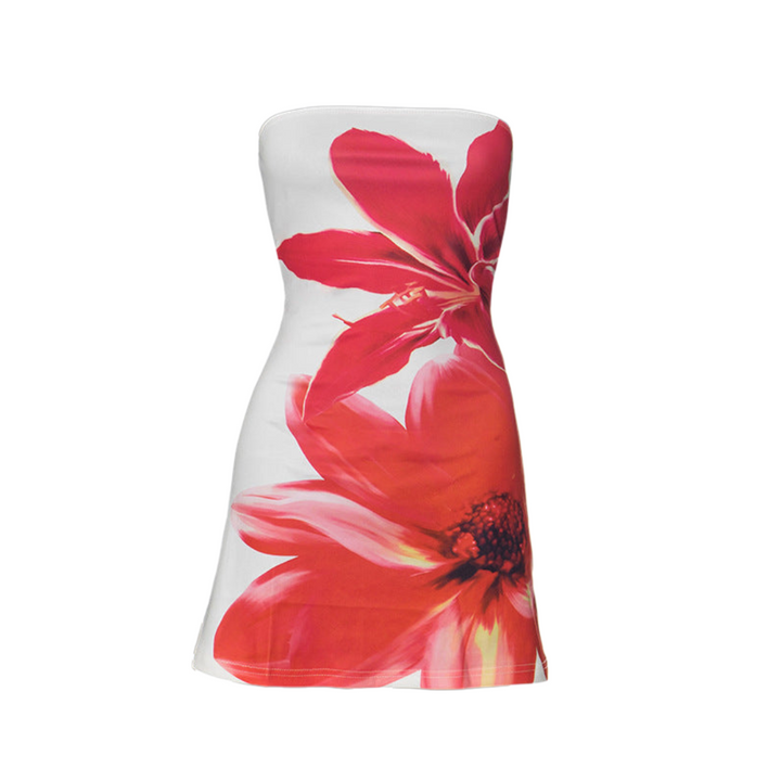 Women's Mini Dress - Strapless Bodycon Fit - Floral Accent - Sleek Stretch Fabric