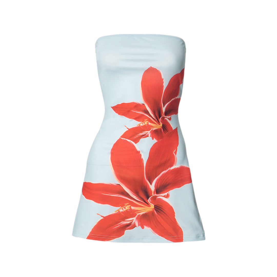 Women's Mini Dress - Strapless Bodycon Fit - Floral Accent - Sleek Stretch Fabric