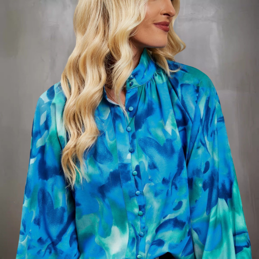 Women’s Blouse - Relaxed Fit - Button-Down - Mandarin Collar - Abstract Print - Long Sleeve