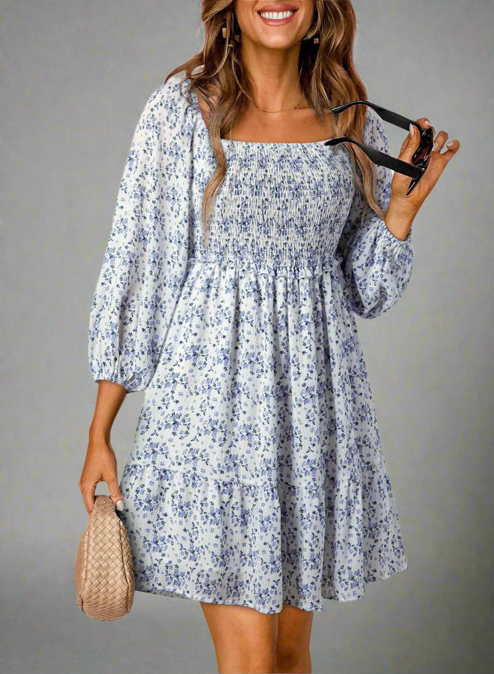 Women’s Casual Dress – Smocked Bodice – Square Neck – Long Sleeve – Lightweight Cotton