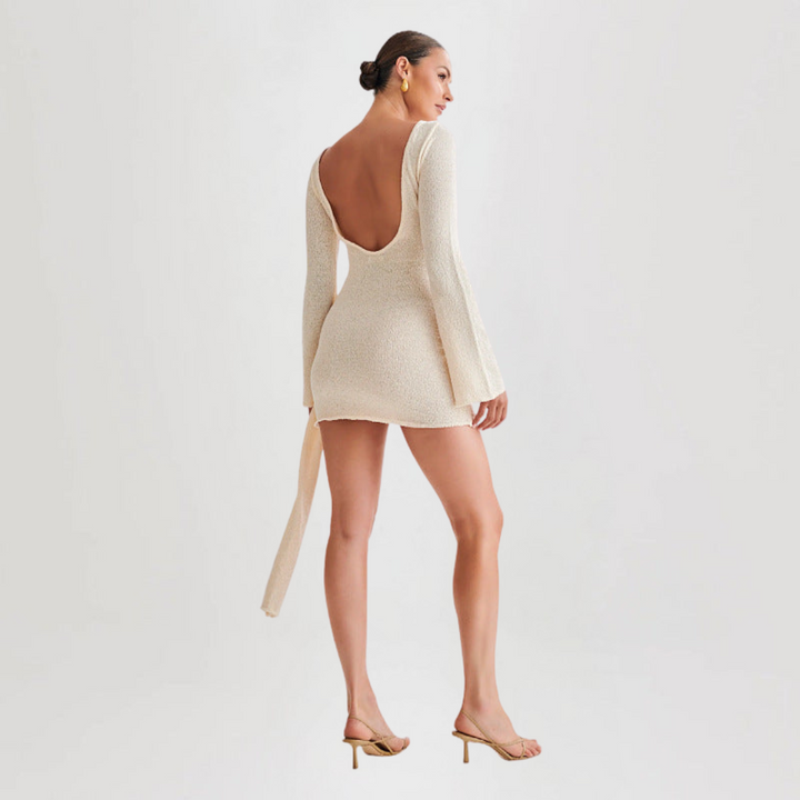 Women’s Mini Dress – Fitted Silhouette – Textured Fabric – Ruched Side Draping – Long Sleeve