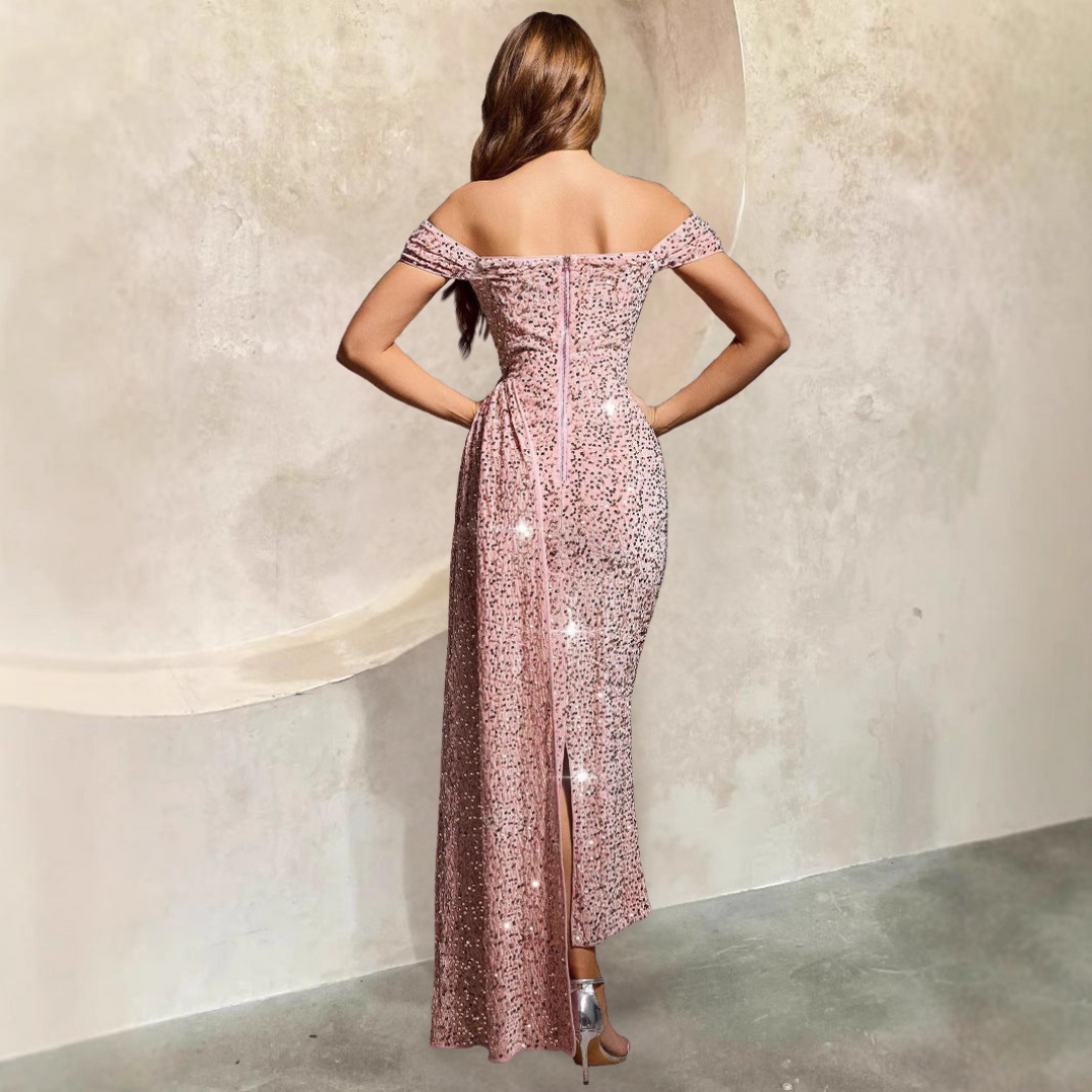 Women’s Evening Gown – Off-Shoulder – Fitted Silhouette – Sequin Detail – Floor Length