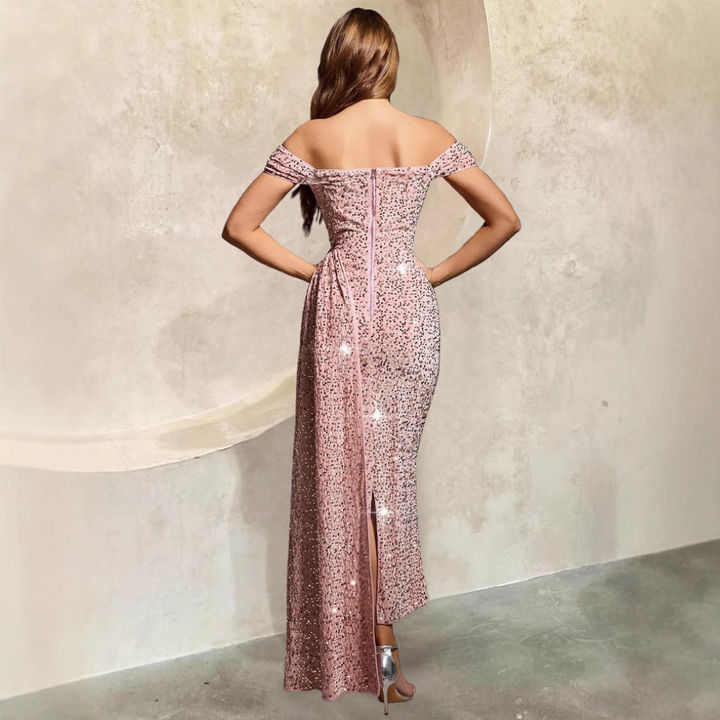 Women’s Evening Gown – Off-Shoulder – Fitted Silhouette – Sequin Detail – Floor Length