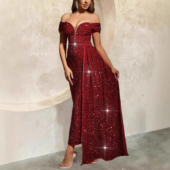 Women’s Evening Gown – Off-Shoulder – Fitted Silhouette – Sequin Detail – Floor Length
