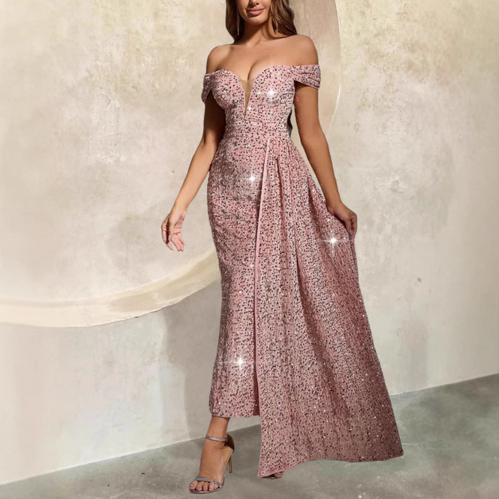 Women’s Evening Gown – Off-Shoulder – Fitted Silhouette – Sequin Detail – Floor Length