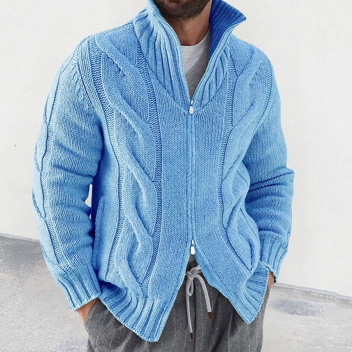 Men’s Knit Cardigan – Wool Blend – High Neck – Cable Knit Sleeves – Zip Front – Relaxed Fit