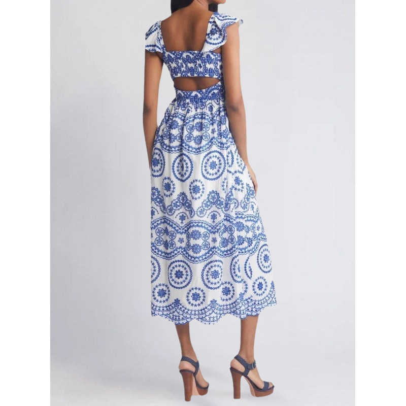Women’s Midi Dress – Cotton A-Line – Square Neck – Ruffle Sleeve – Boho Pattern