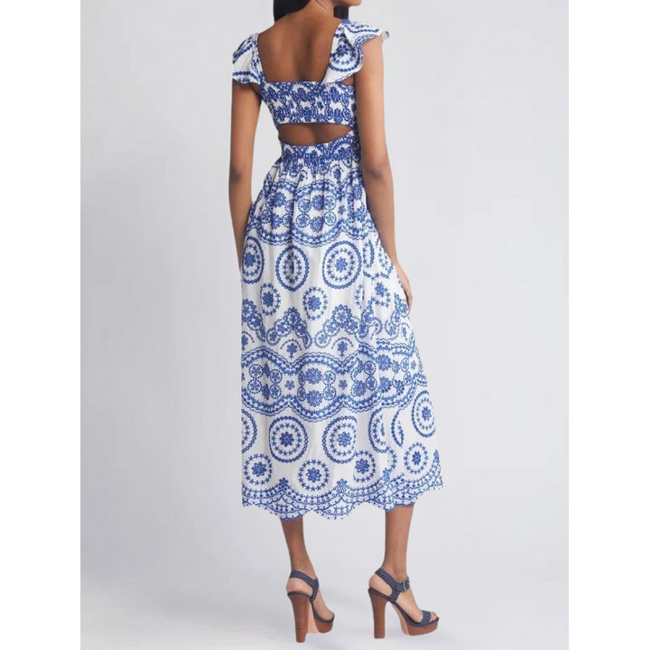 Women’s Midi Dress – Cotton A-Line – Square Neck – Ruffle Sleeve – Boho Pattern