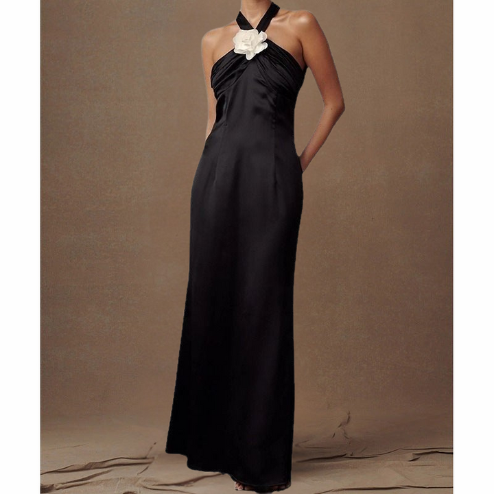 Women’s Evening Gown – Satin Finish – Halter Neck – Floral Detail – Floor Length Fit