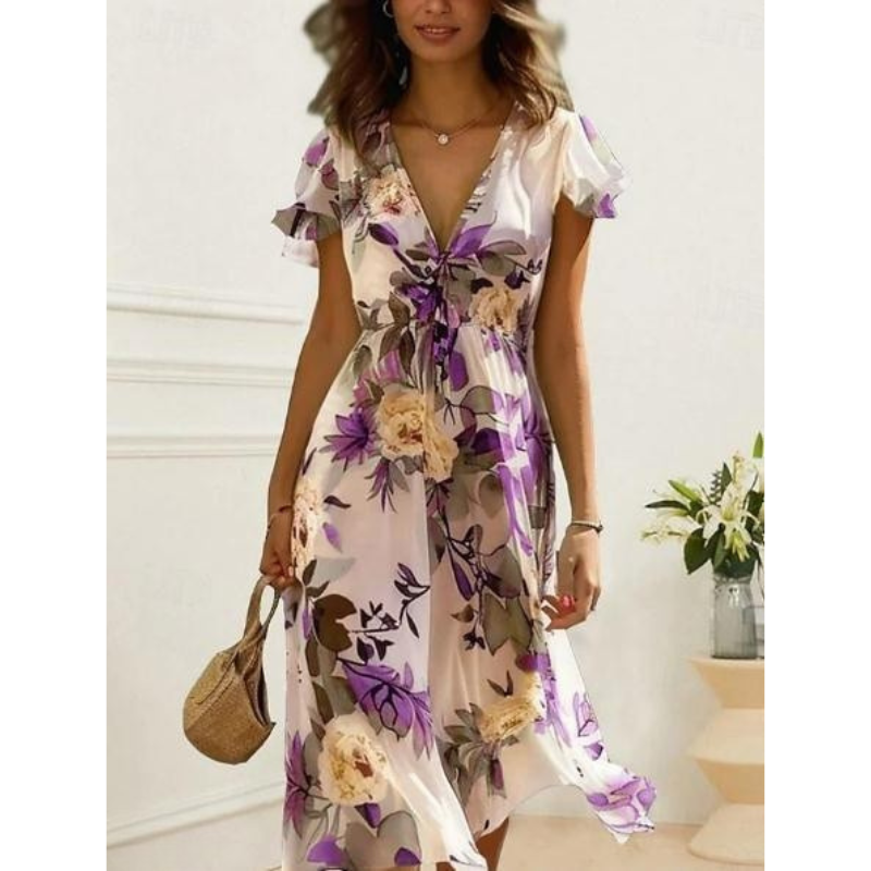 Women’s Maxi Dress – Lightweight Fabric – V-Neck – Flutter Sleeves – Relaxed Fit