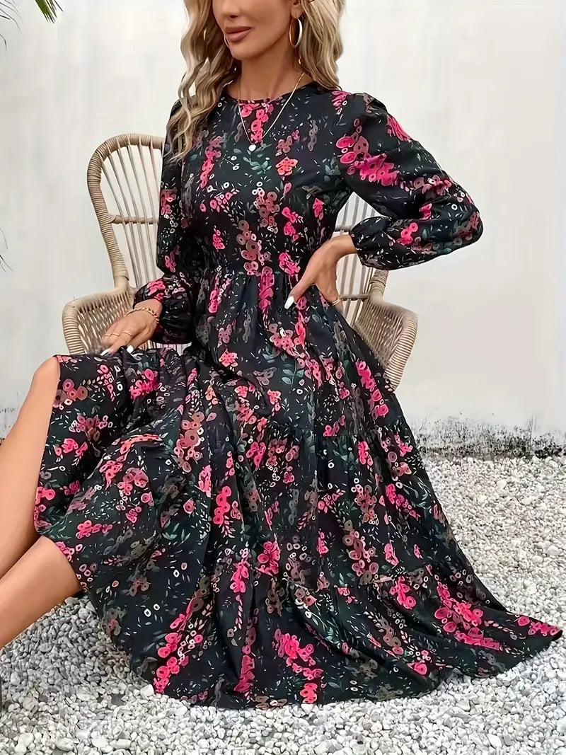 Women’s Long Sleeve Dress – Relaxed Fit – Tiered Skirt – Breathable Blend – Midi Length