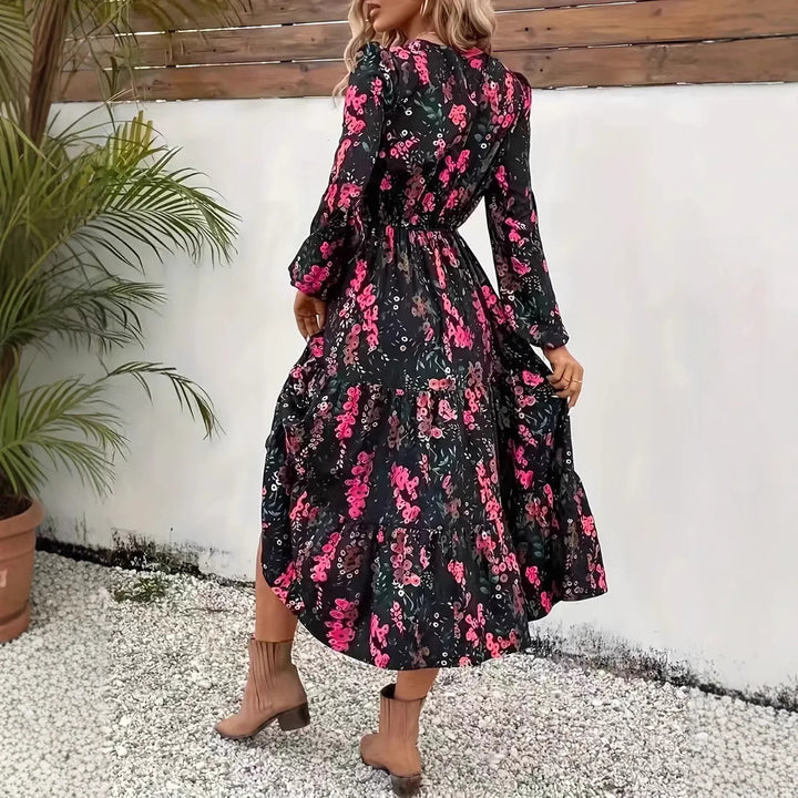 Women’s Long Sleeve Dress – Relaxed Fit – Tiered Skirt – Breathable Blend – Midi Length