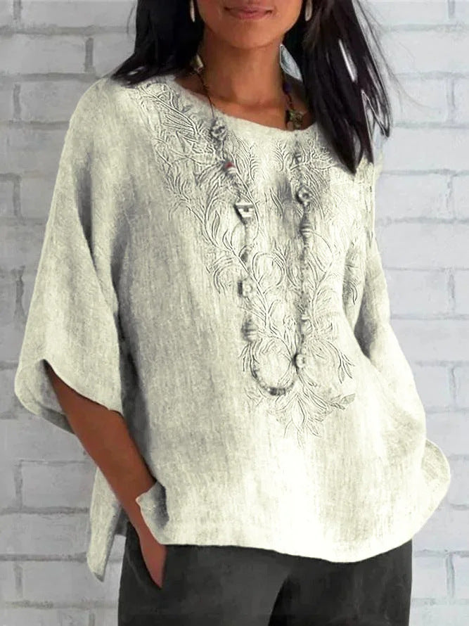 Women’s Blouse – Natural Fibers – Relaxed Fit – Embroidered Front – Short Sleeve Casual