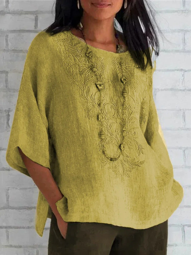 Women’s Blouse – Natural Fibers – Relaxed Fit – Embroidered Front – Short Sleeve Casual