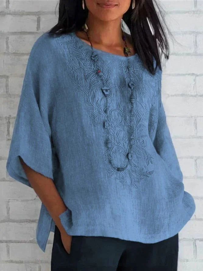 Women’s Blouse – Natural Fibers – Relaxed Fit – Embroidered Front – Short Sleeve Casual