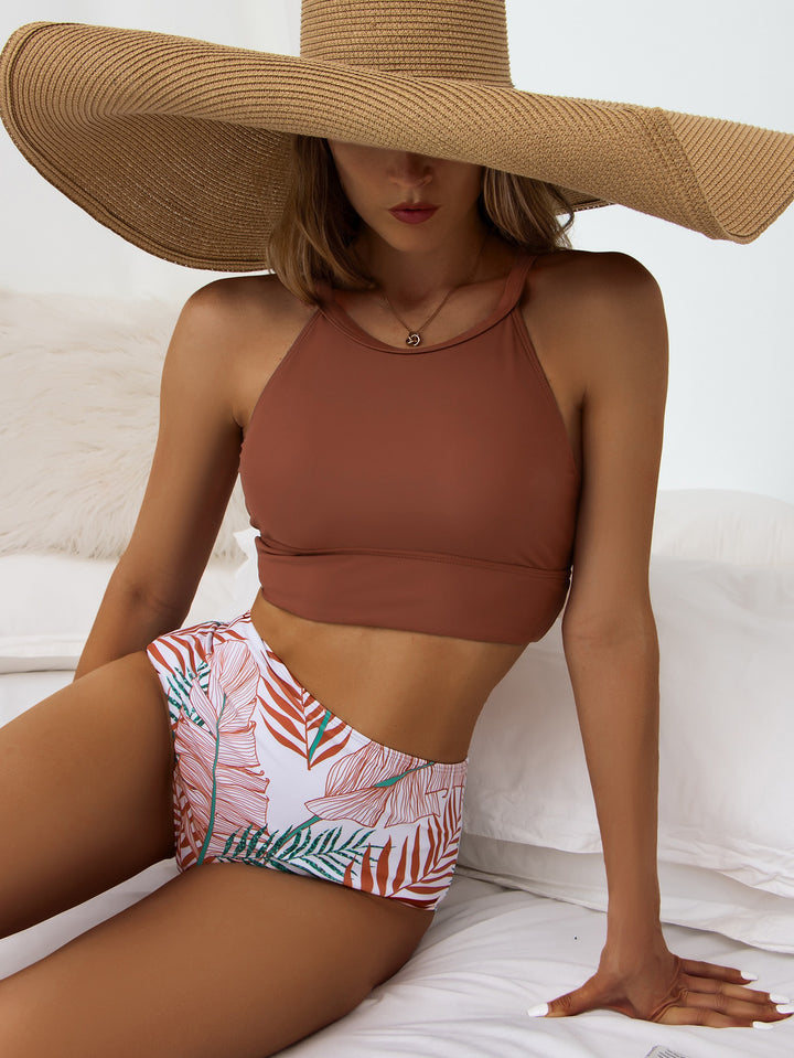 Women’s Bikini Set – High Neck Top – High Waisted Bottom – Stretch Fit – Leaf Print