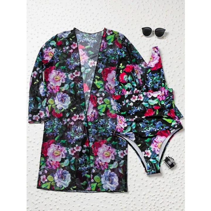 Women’s Three-Piece Swimsuit Set – Deep V-Neck – Floral Pattern – Sheer Long Sleeve Cover-Up