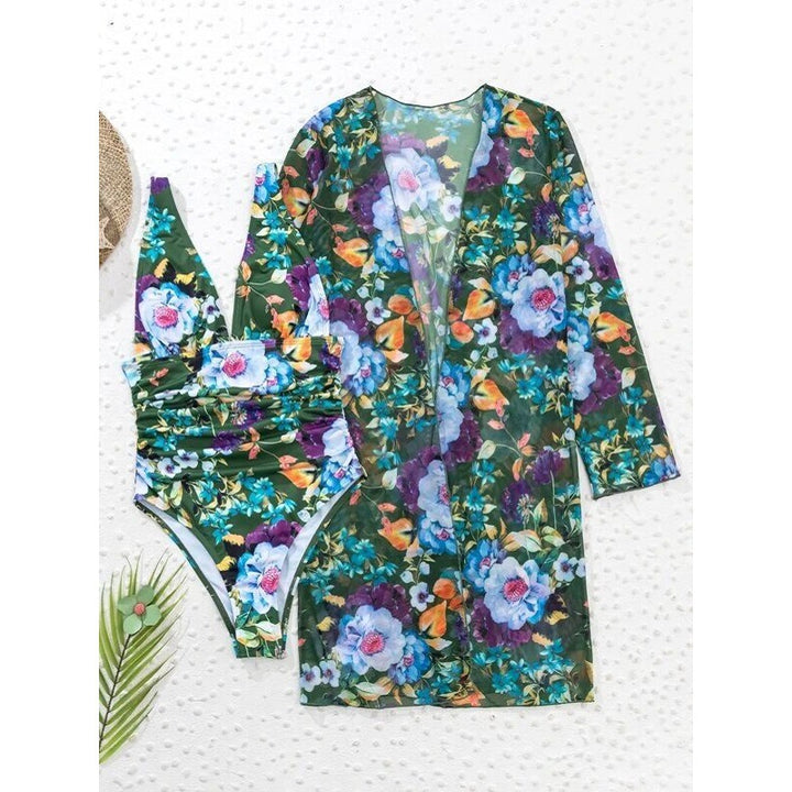 Women’s Three-Piece Swimsuit Set – Deep V-Neck – Floral Pattern – Sheer Long Sleeve Cover-Up