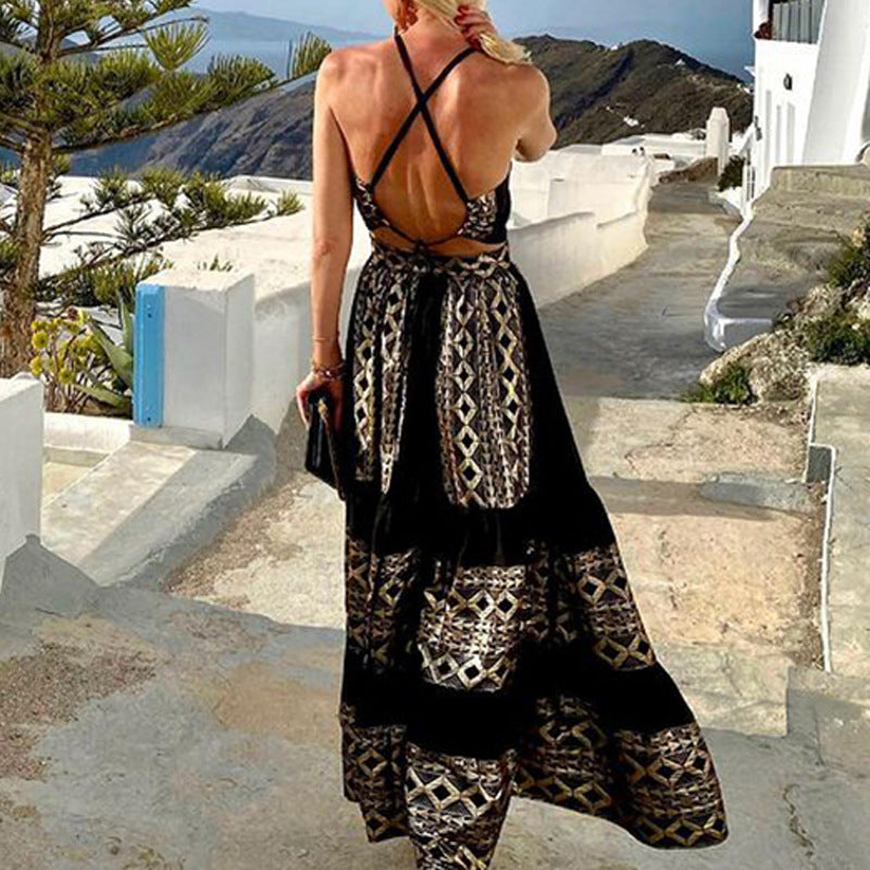 Women’s Maxi Dress – Off Shoulder – Geometric Print – Flowing Fit – Breathable Blend