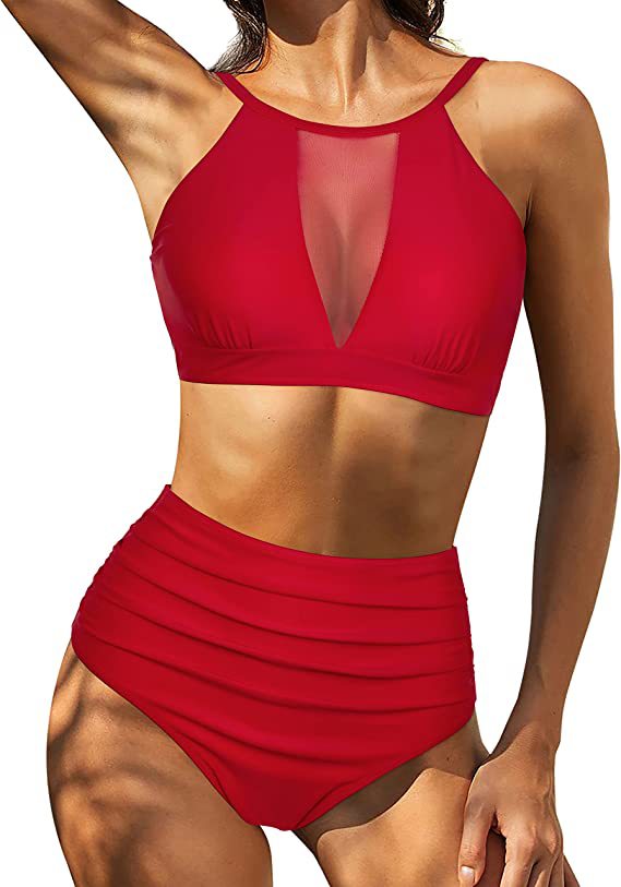 Women’s Bikini Set - High Waist - Lace-Up Top - Hollow Out Detail - Breathable Blend