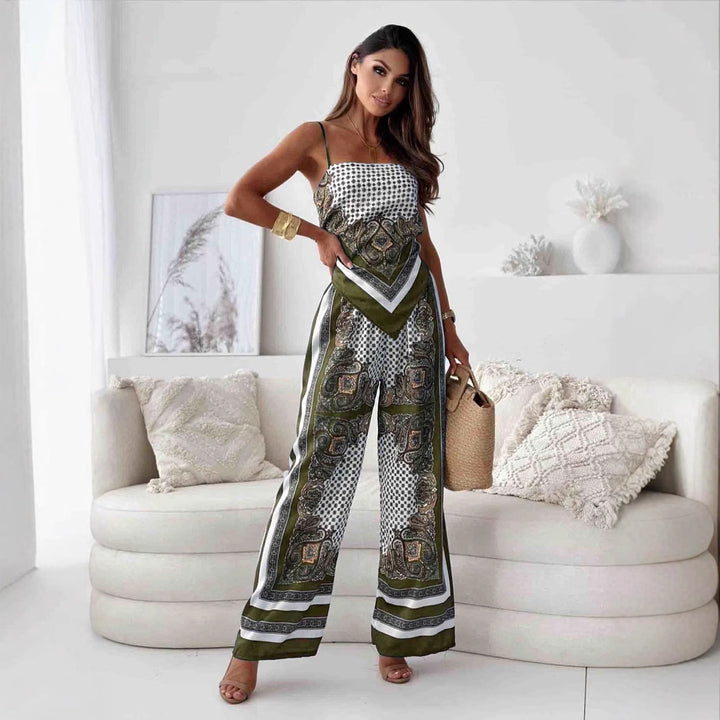 Women’s Two-Piece Set – Spaghetti Strap Top – Wide-Leg Trousers – Luxury Fabric – Relaxed Fit