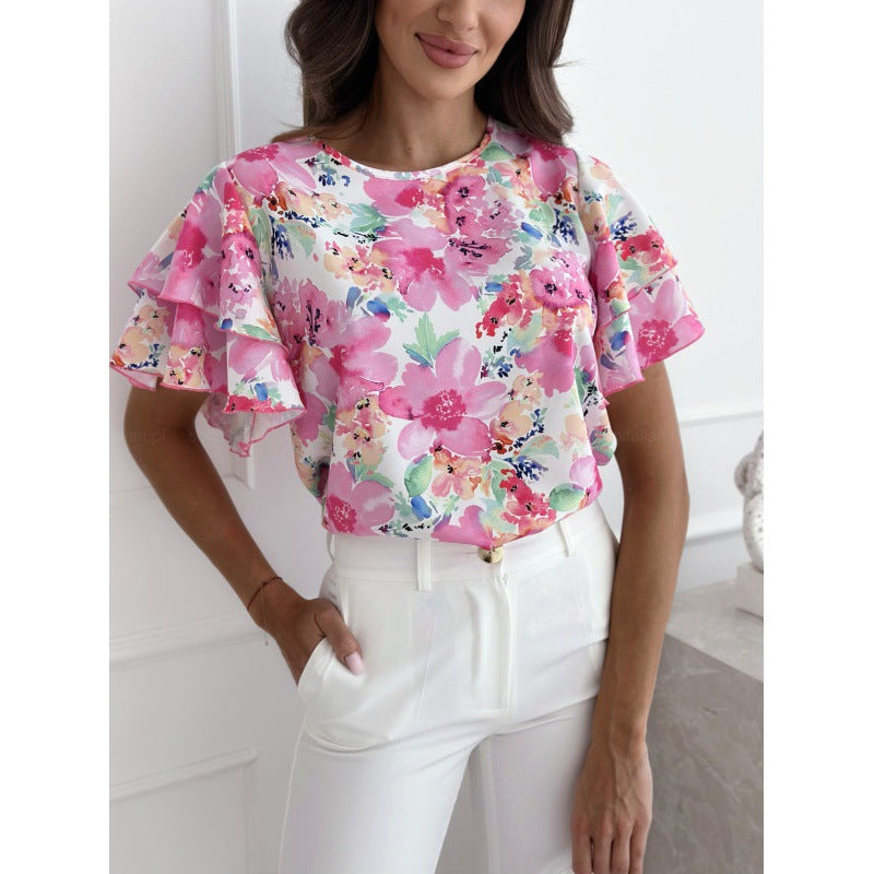 Women’s Blouse – Relaxed Fit – Ruffle Sleeve – Breathable Blend – Floral Print