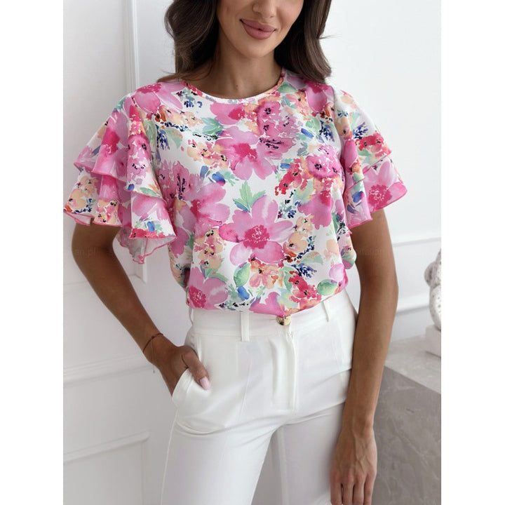 Women’s Blouse – Relaxed Fit – Ruffle Sleeve – Breathable Blend – Floral Print