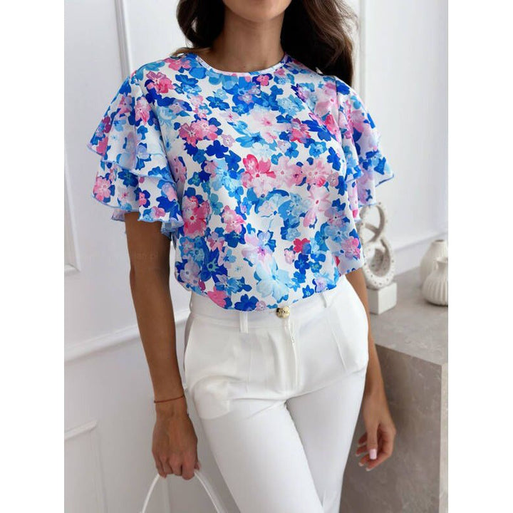 Women’s Blouse – Relaxed Fit – Ruffle Sleeve – Breathable Blend – Floral Print