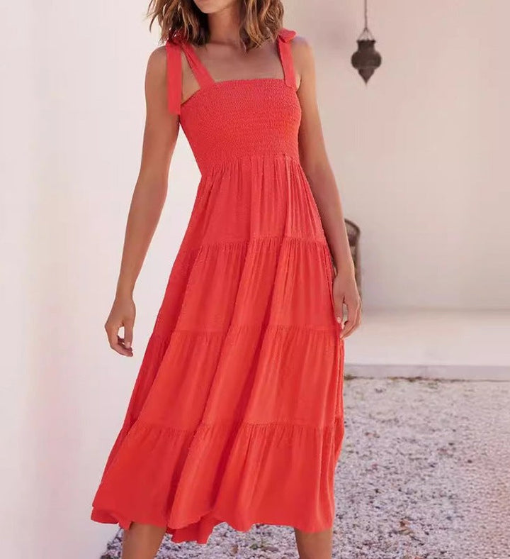 Women’s Midi Dress – Smocked Bodice – Adjustable Straps – Tiered Flowy Skirt – Breathable Fabric