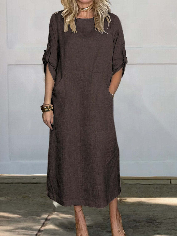 Women’s Maxi Dress – Linen Feel – Relaxed Fit – Roll-Up Sleeves – Side Pockets