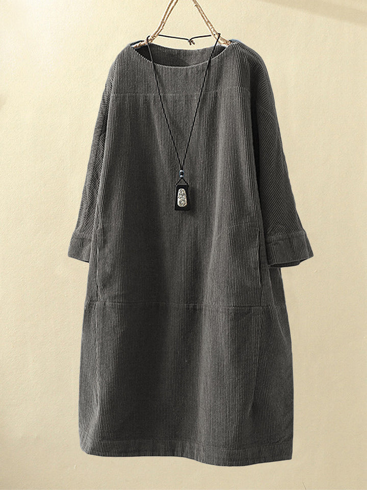 Women’s Corduroy Dress – Relaxed Fit – Midi Length – Round Neck – 3/4 Sleeve Casual Style