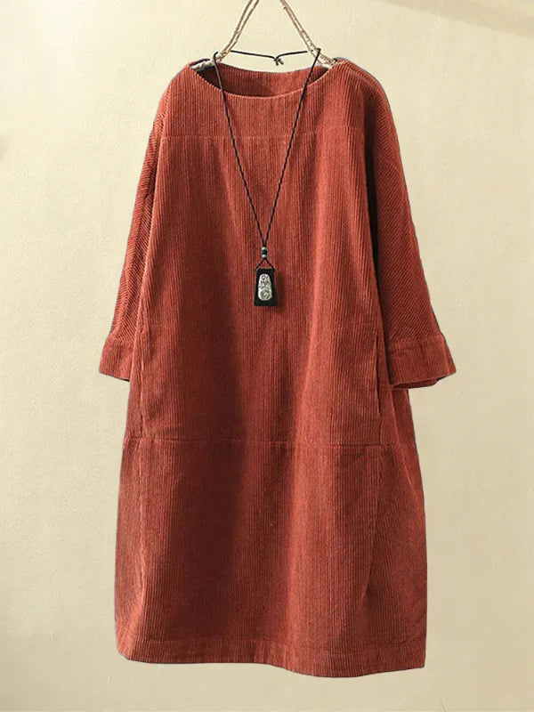 Women’s Corduroy Dress – Relaxed Fit – Midi Length – Round Neck – 3/4 Sleeve Casual Style