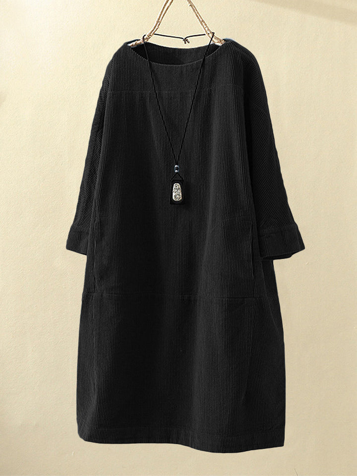Women’s Corduroy Dress – Relaxed Fit – Midi Length – Round Neck – 3/4 Sleeve Casual Style