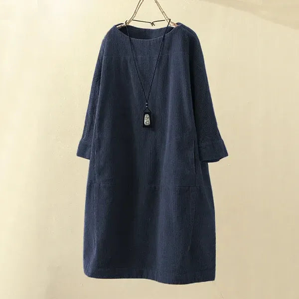 Women’s Corduroy Dress – Relaxed Fit – Midi Length – Round Neck – 3/4 Sleeve Casual Style