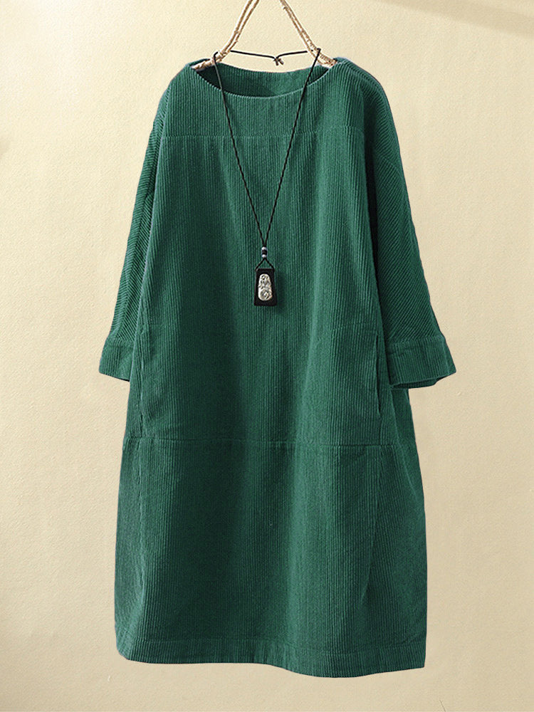 Women’s Corduroy Dress – Relaxed Fit – Midi Length – Round Neck – 3/4 Sleeve Casual Style