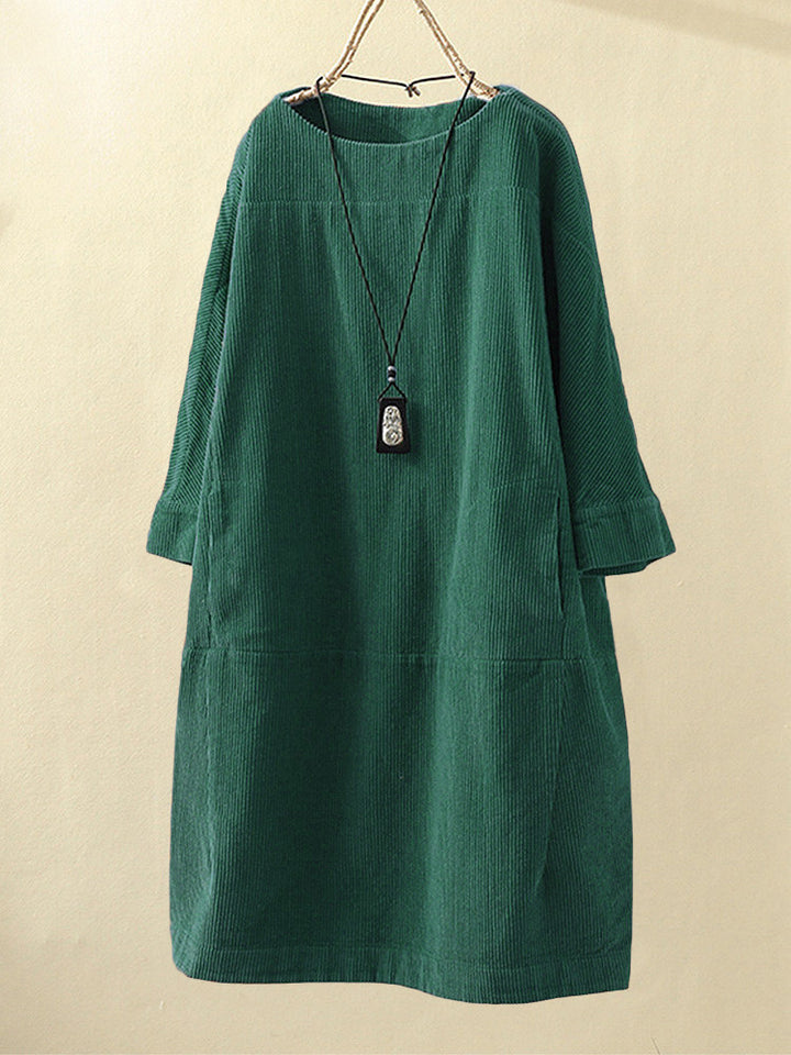 Women’s Corduroy Dress – Relaxed Fit – Midi Length – Round Neck – 3/4 Sleeve Casual Style