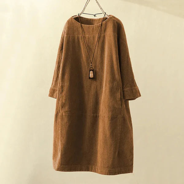 Women’s Corduroy Dress – Relaxed Fit – Midi Length – Round Neck – 3/4 Sleeve Casual Style