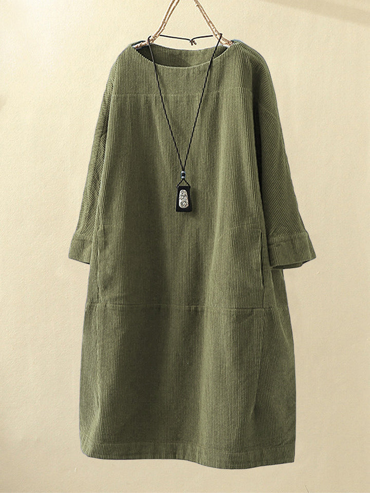 Women’s Corduroy Dress – Relaxed Fit – Midi Length – Round Neck – 3/4 Sleeve Casual Style