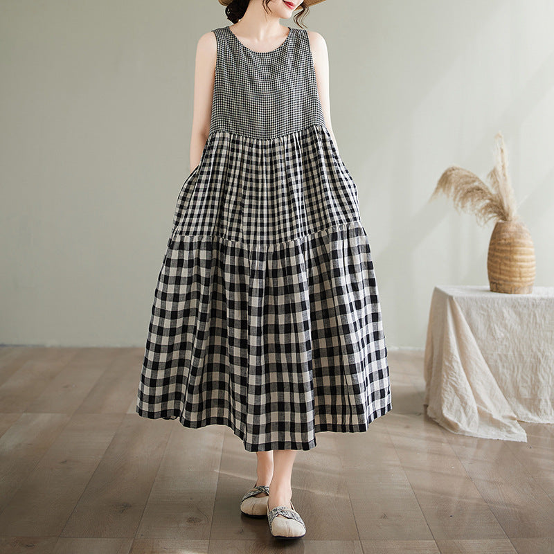 Women’s Sleeveless Dress – A-Line Fit – Cotton – Mixed Pattern – Full Length