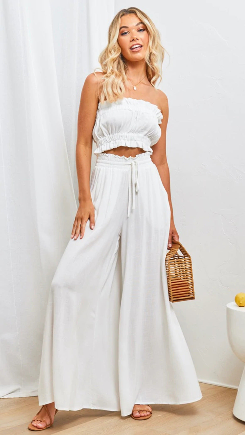 Women’s Wide-Leg Pants – Relaxed Fit – Pleated Cotton Blend – Elastic Waist with Drawstring
