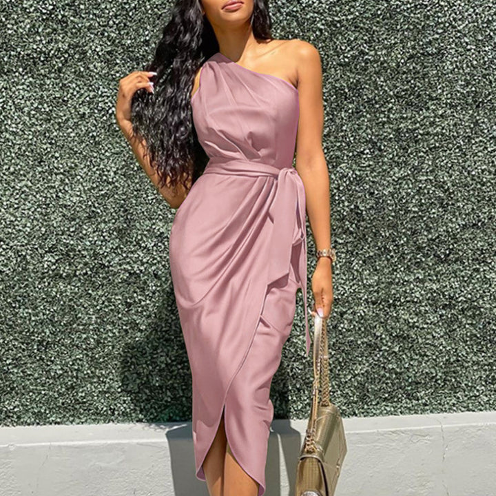 Women’s Midi Dress – One Shoulder – Slim Fit – Draped Skirt – Waist Tie Detail