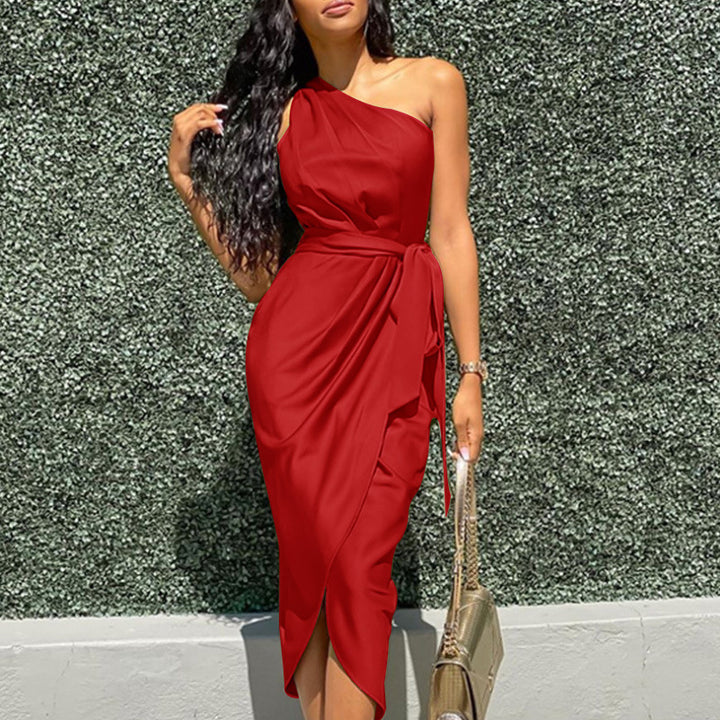 Women’s Midi Dress – One Shoulder – Slim Fit – Draped Skirt – Waist Tie Detail