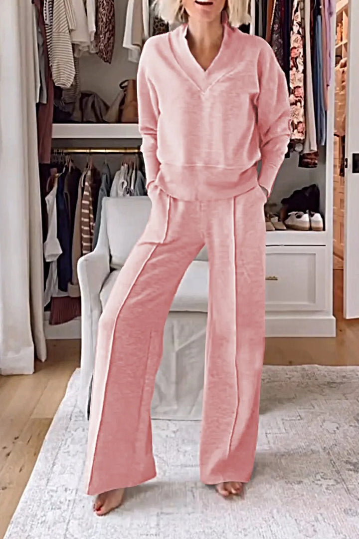 Women’s Two-Piece Set – V-Neck Long Sleeve Top – High Waist Wide-Leg Pants – Relaxed Fit