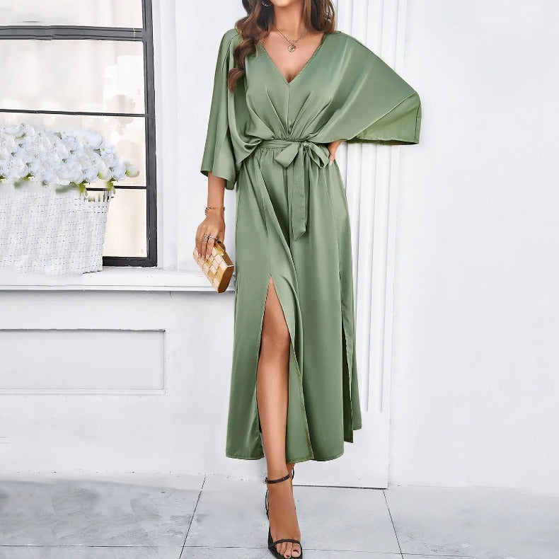 Women's Maxi Dress - V-Neck - Tie-Waist - Kimono Sleeves - High Slit Elegant Fit
