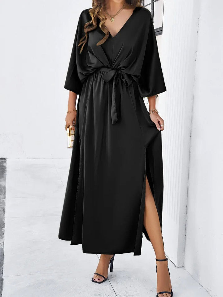 Women's Maxi Dress - V-Neck - Tie-Waist - Kimono Sleeves - High Slit Elegant Fit
