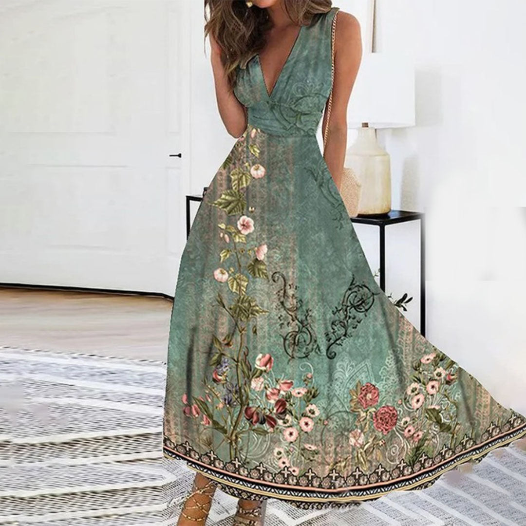 Women’s Maxi Dress – Deep V-Neck – Sleeveless – Floral Print – Relaxed Fit – Breathable Blend