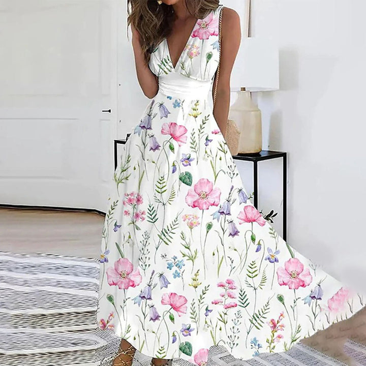Women’s Maxi Dress – Deep V-Neck – Sleeveless – Floral Print – Relaxed Fit – Breathable Blend