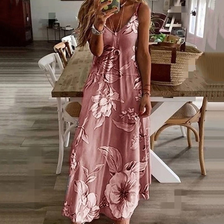 Women's Maxi Dress - Sleeveless Floral Print - V-Neck Spaghetti Straps Casual Wear
