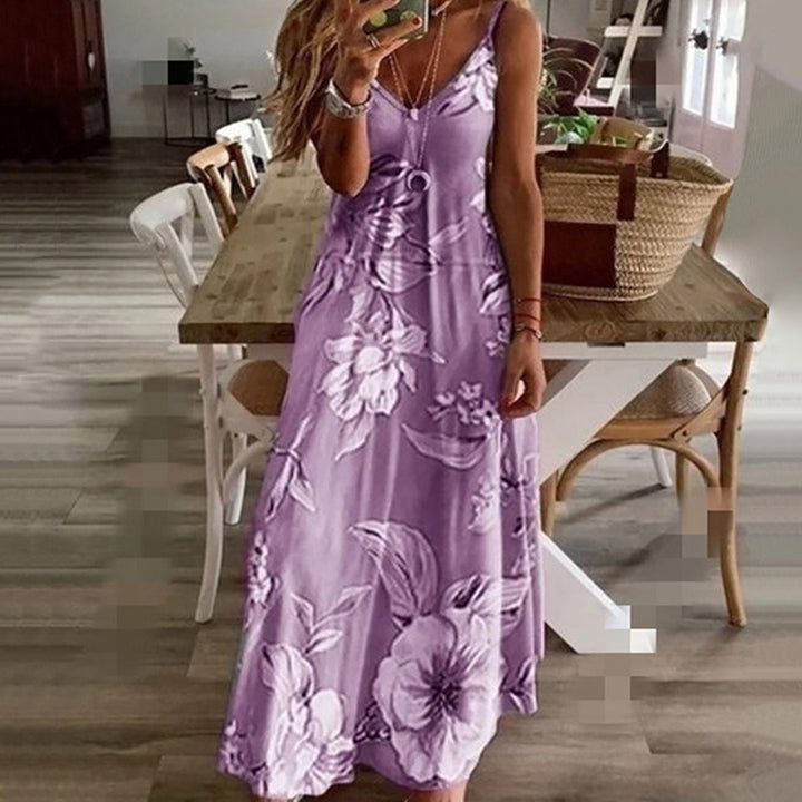 Women's Maxi Dress - Sleeveless Floral Print - V-Neck Spaghetti Straps Casual Wear